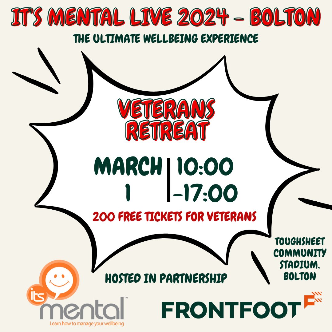 Veterans, visit It's Mental Live 2024 Wellness event + our Veteran Retreat at the biggest Mental Health event of 2024 in Bolton, UK We have sponsored 200 tickets. Contact admin@frontfoot.jobs for free tickets #frontfootjobs #frontfootlife #itsmental #veterans #physicalhealth #p