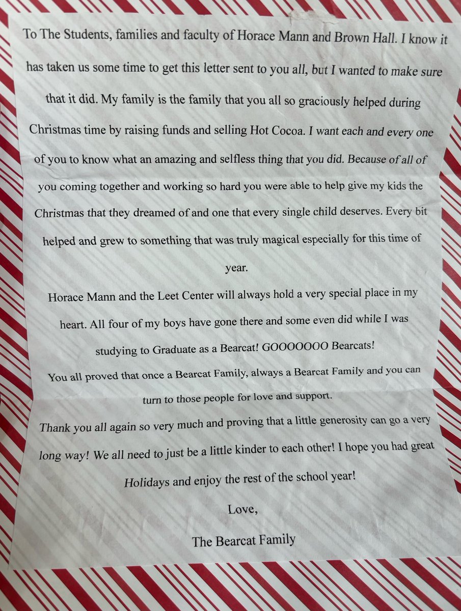 HoraceMannNWMSU's tweet photo. Sharing a letter from the family HM/LC helped over the Holidays. Successful hot cocoa and bake sale. My favorite part “we all need to just be a little kinder to each other”. Great job Bearcats and thank to all who helped and supported this family! https://t.co/6TTNLBf47m