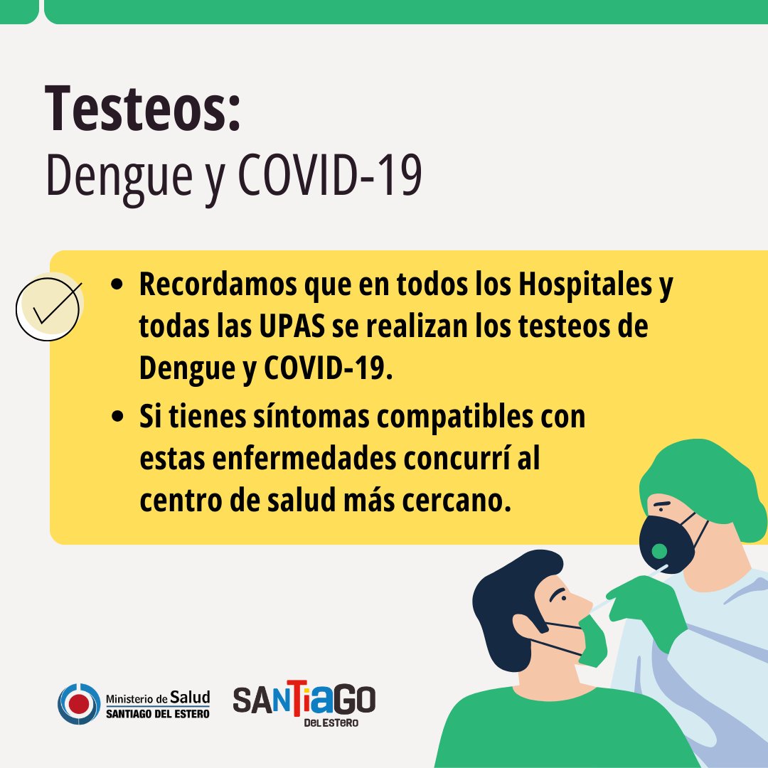 MSaludSantiago's tweet photo. 😷 Los #testeos de #Dengue y #COVID se realizan en todos los hospitales y todas las UPAS.
🔗 Conocé los centros de salud y sus direcciones en: https://t.co/d6uJcf5cRR https://t.co/7k7EGfn4Zp
