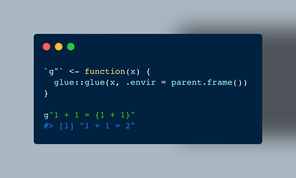 #RStats syntax idea: f(unction)-strings. 

Picture shows how one might implement something similar to Python-style f-strings using this syntax 🧙‍♂️

This idea comes from #julialang, which lets you define non-standard string literals in the same way: docs.julialang.org/en/v1/manual/m…