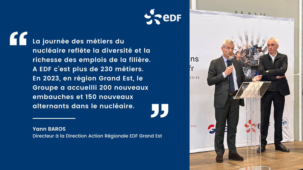 🗓️💼2e journée des métiers du nucléaire en <a href="/regiongrandest/">Région Grand Est</a> : enjeux majeurs de compétences de la filière du nucléaire pour <a href="/EDFofficiel/">EDF</a> 🚀

Objectifs :
➡️Sensibiliser les collégiens et demandeurs d'emploi aux métiers de l'industrie
➡️Valoriser les différents métiers du nucléaire