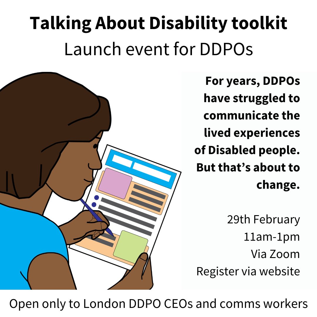 For London DDPOs*: The Talking About Disability toolkit launch brings strategic communications into the DDPO context, helping you to win over hearts & minds. inclusionlondon.org.uk/?p=29733 *DDPO = Deaf and Disabled People-led Organisation, with DDP as 75%+ of trustees & 50%+ of staff.