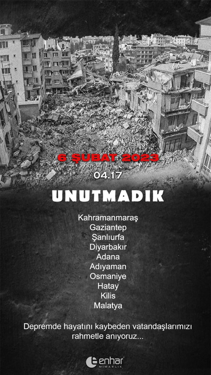 Asrın Felaketi olarak nitelendirilen ve 11 ilimizi etkileyen Kahramanmaraş merkezli 6 ŞubatDepreminin üzerinden bugün tam bir yıl geçti.Depremde hayatını kaybeden bütün vatandaşlarımıza Allah’tan rahmet, yakınlarına ve milletimize sabır ve başsağlığı diliyoruz. #unutmadık #6subat