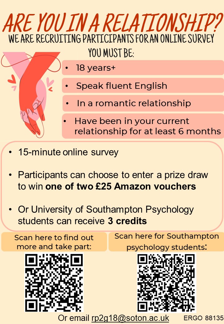 I am recruiting for a study looking at communication in relationships. If you're over 18 and in a romantic relationship, that you've been in for at least 6 months, then please do take part! It's only about 15 mins and you could win an Amazon voucher xx
soton.eu.qualtrics.com/jfe/form/SV_2o…