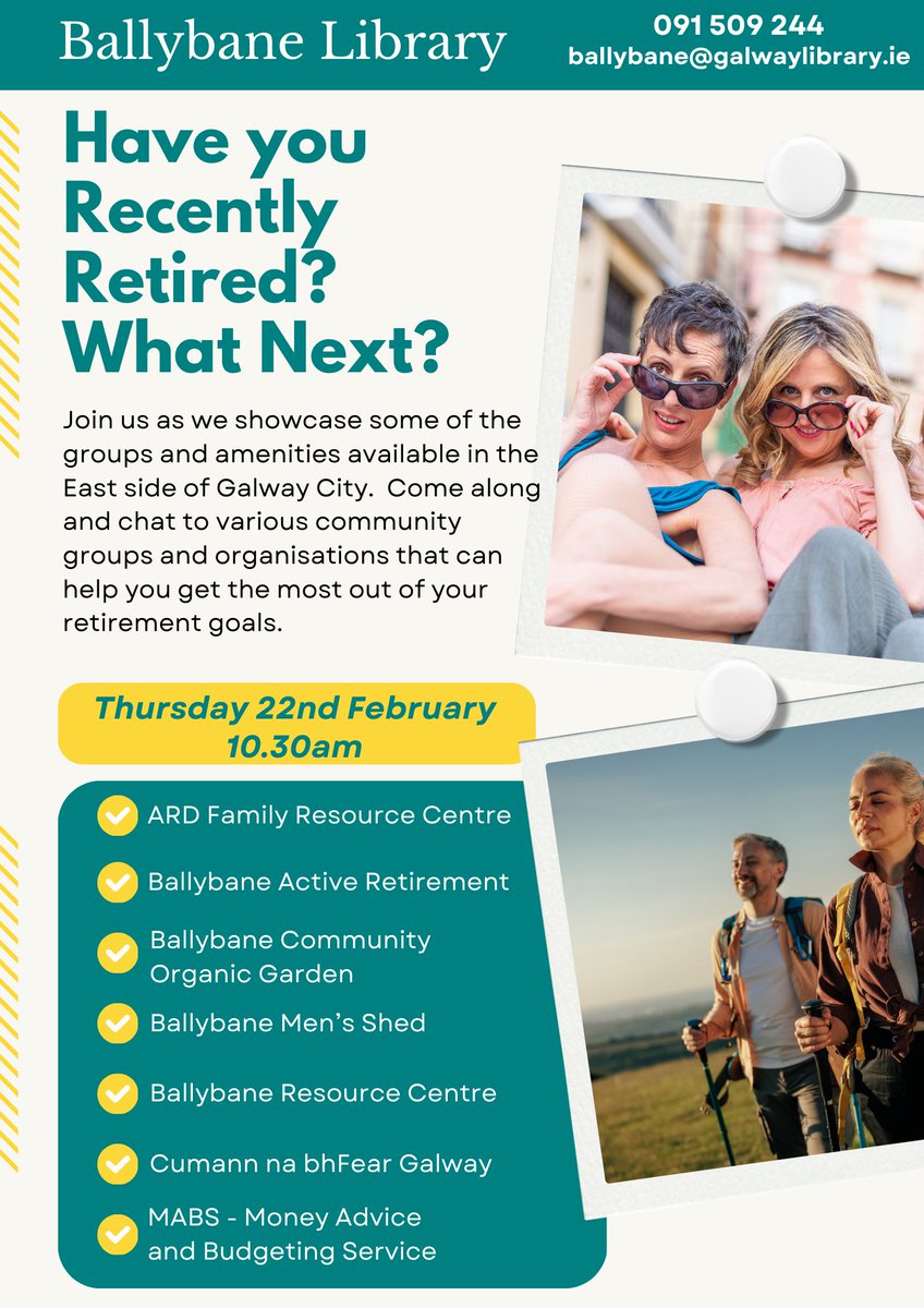 Ballybane Library (@ballybanelib) on Twitter photo Join us on Thursday 22nd Feb at 10.30am to meet community groups and organisations on the Eastside of Galway City who can help you get the most out of your retirement goals.
<a href="/LibrariesGalway/">Galway Libraries</a>
#newlyretired #galwaycity #retirementgoals #discoversomethingnew Join us on Thursday 22nd Feb at 10.30am to meet community groups and organisations on the Eastside of Galway City who can help you get the most out of your retirement goals.
<a href="/LibrariesGalway/">Galway Libraries</a>
#newlyretired #galwaycity #retirementgoals #discoversomethingnew