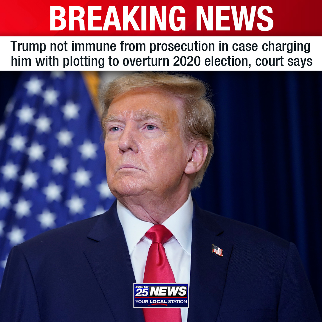 BREAKING: An appeals court on Tuesday ruled that former President Donald Trump is not immune from prosecution on charges that he conspired to overturn the results of the 2020 presidential election. boston25news.com/news/trending/…