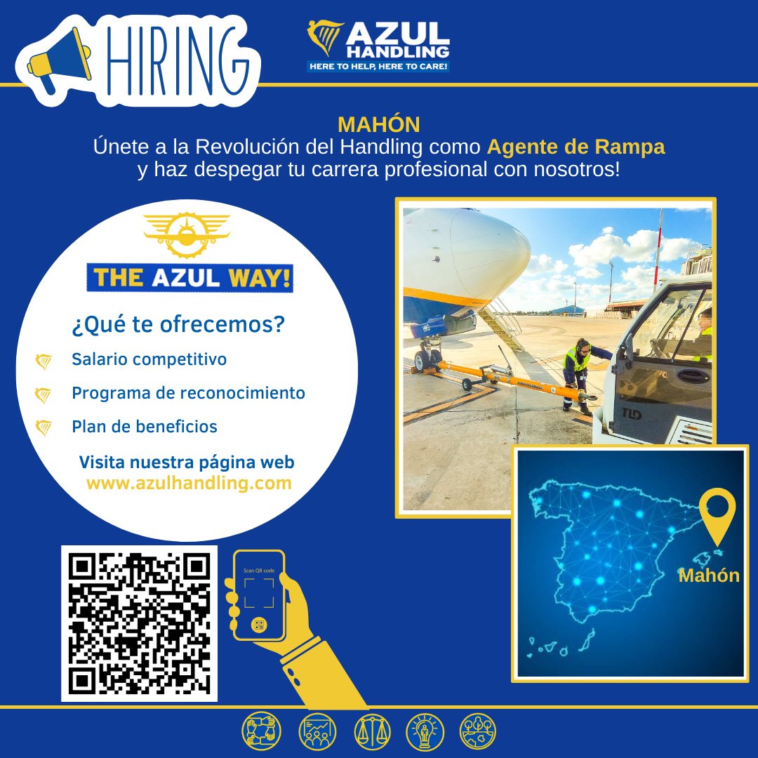 Hola, buscamos a #AgentedePasaje, #AgentedeRampa y #TeamLeader que se unan a nuestro EquipAzul en la base de #MAH. Visita nuestra página web para más información. ¡Te esperamos!
#theazulway #heretohelpheretocare #fivepillars #OneVision #OneMission #people #ofertatrabajo @ryanair