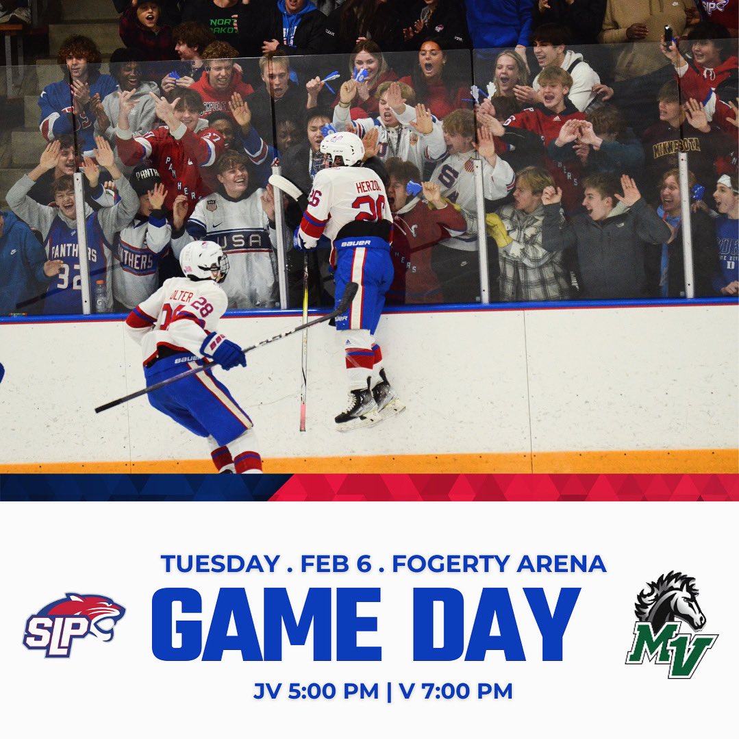 SLP_BoysPuck's tweet photo. ‼️GAME DAY ‼️Come support the Panthers take on the Mustangs tonight at home!

🆚 @MvhsHockey 
📍 Fogerty Arena
⏰ JV 5:00/ Varsity 7:00
🎟️ online ONLY https://t.co/ogdtjEQPII
📺 livebarn (subscription required)

#SLPhockey | #makeithappen https://t.co/ccG7hTZ4Rs