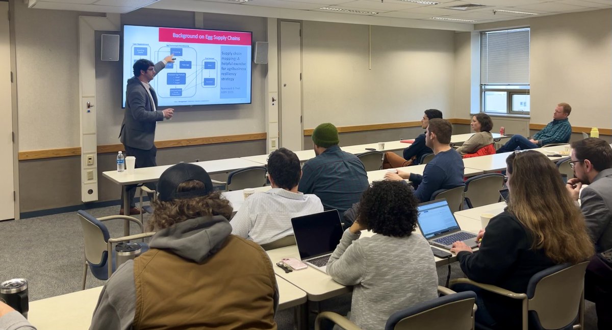 PurdueAgEcon's tweet photo. Dr. Trey Malone from @uarkaeab is visiting our department today to speak with us about Biological Lags and Market Dynamics in Vertically Coordinated Food Supply Chains: HPAI Impacts on U.S. Egg Prices. https://t.co/h6m0SA6vx9