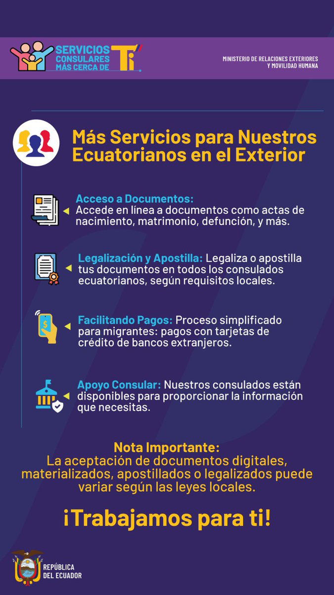 Trabajamos por nuestros compatriotas en todo el mundo.🌐 

Ahora, la Cancillería acerca más servicios consulares a los ecuatorianos en el exterior. Accede en línea a documentos, legaliza tus papeles en nuestros consulados y simplifica pagos con tarjetas internacionales. 🇪🇨🌎