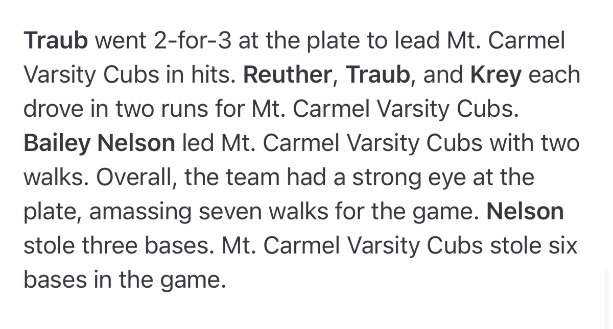 Mount Carmel Academy Cubs Softball (@mca_cubs_sb) on Twitter photo The Cubs' bats came out strong & took an early 10-0 lead in the 2nd inning on E.D. White & win in the team's first scrimmage.
<a href="/TraubHayden/">Hayden Traub 2026</a> 2-3 2RBIs
<a href="/ChloeKrey/">Chloe Krey</a> 1-1 2RBIs
<a href="/PaigeReuther/">Paige Reuther 2027</a> 1-2 2RBIs
B. Butler 1-1 1RBI
<a href="/PaigeReuther/">Paige Reuther 2027</a> & <a href="/TraubHayden/">Hayden Traub 2026</a> combined for 4.2IP 7Ks and 1ER The Cubs' bats came out strong & took an early 10-0 lead in the 2nd inning on E.D. White & win in the team's first scrimmage.
<a href="/TraubHayden/">Hayden Traub 2026</a> 2-3 2RBIs
<a href="/ChloeKrey/">Chloe Krey</a> 1-1 2RBIs
<a href="/PaigeReuther/">Paige Reuther 2027</a> 1-2 2RBIs
B. Butler 1-1 1RBI
<a href="/PaigeReuther/">Paige Reuther 2027</a> & <a href="/TraubHayden/">Hayden Traub 2026</a> combined for 4.2IP 7Ks and 1ER