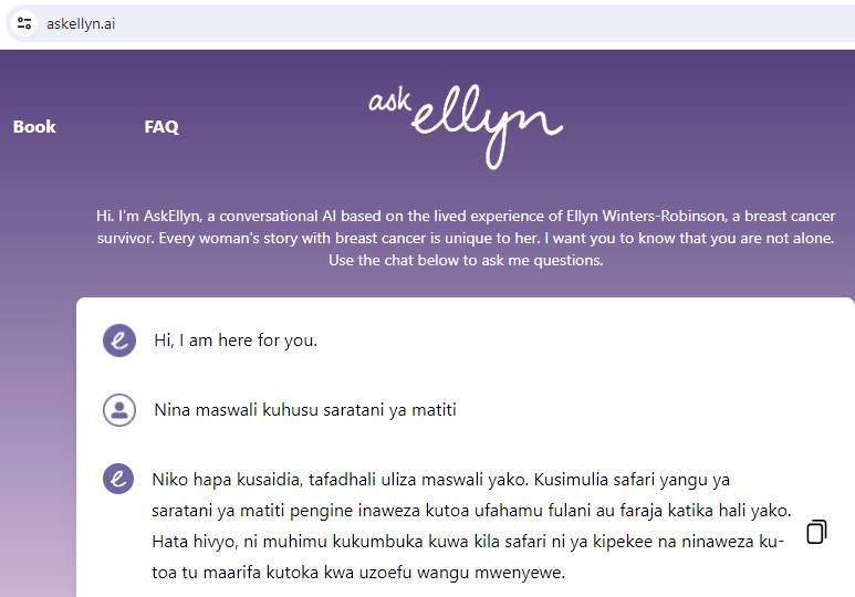 Je una maswali kuhusu saratani ya matiti ? 
Muulize Elini: 

askellyn.ai

#BreastCancer #AI #Swahili