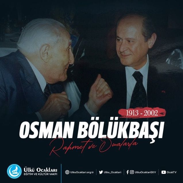 Vefatının yıl dönümünde Milliyetçi Hareket Partisinin kurucularından, değerli dava adamı #OsmanBölükbaşı’nı rahmet ve minnetle anıyoruz.  

Ruhu şad, mekanı cennet olsun…