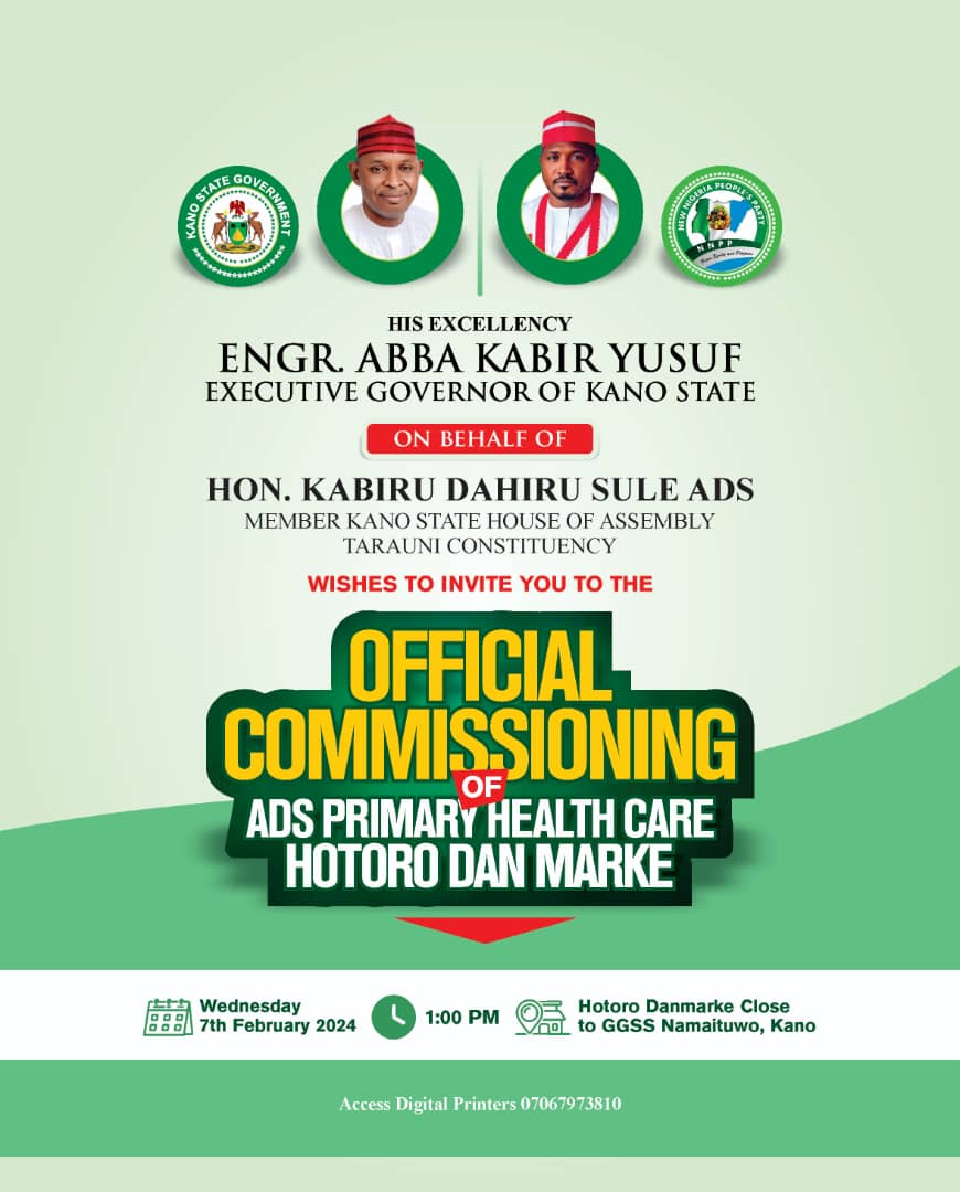 kabiruads's tweet photo. As a cardinal part of our campaign promise please accept this as a formal invitation to the official commissioning of ADS Primary Healthcare Center at Hotoro Dan Marke, under Tarauni Constituency. https://t.co/aOpzGZt8p6