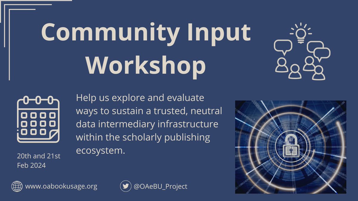 OA eBook Usage Data Trust Project (@oaebu_project) on Twitter photo Attending #R2R in February? Our workshop invites OA usage stakeholders to learn what the Data Trust IDS service will provide & explore ways to sustain a neutral data intermediary infrastructure in the scholarly publishing ecosystem: bit.ly/49l8IA6. See you there! Attending #R2R in February? Our workshop invites OA usage stakeholders to learn what the Data Trust IDS service will provide & explore ways to sustain a neutral data intermediary infrastructure in the scholarly publishing ecosystem: bit.ly/49l8IA6. See you there!