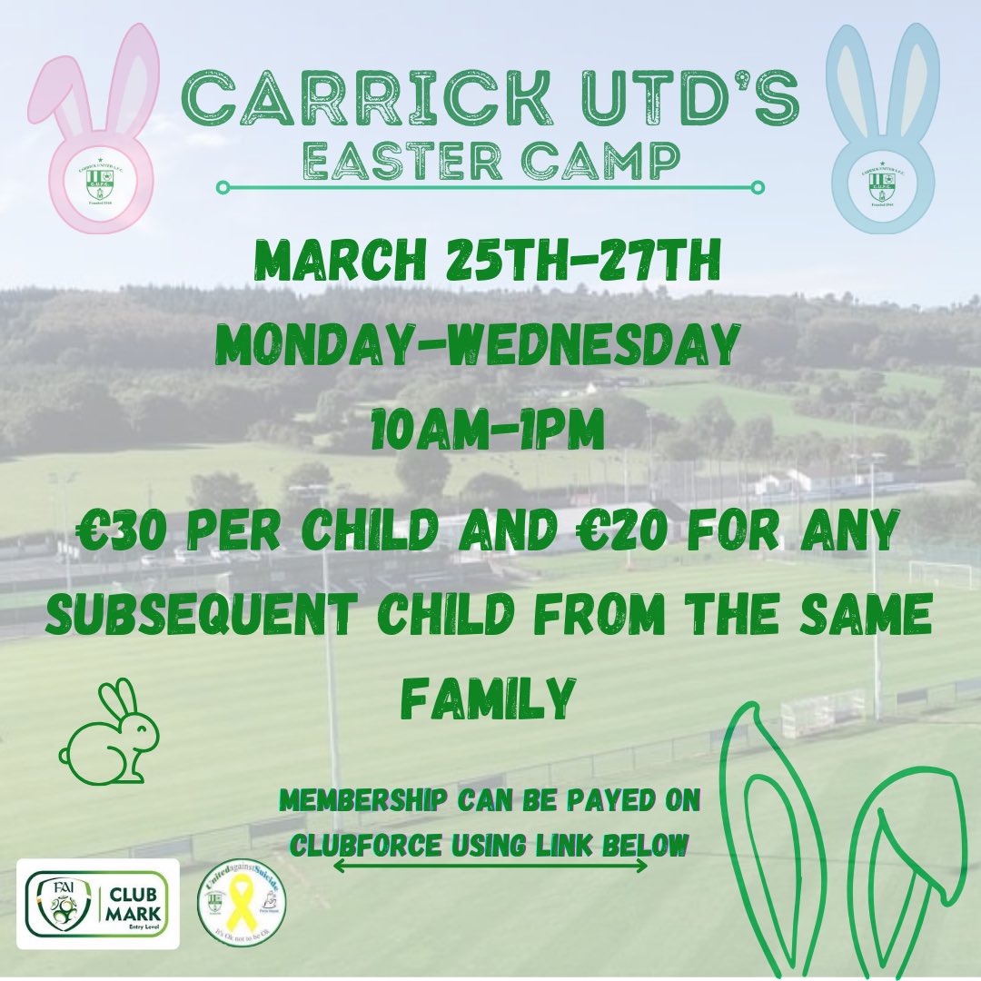 🪺Easter Camp🪺
Carrick Utd’s Easter camp €30 per child and €20 for any subsequent child from the same family. All bookings will be through this link below. If you need any discounts for subsequent child from the same family text John 085 174 2970

member.clubforce.com/memberships_ca…