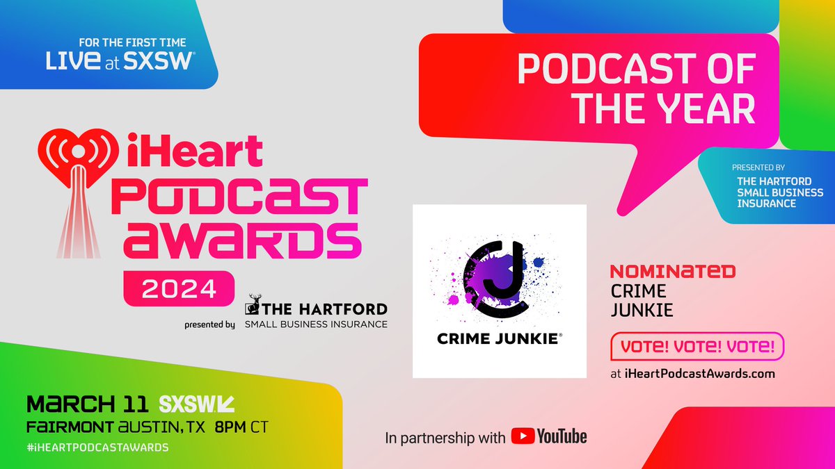 🎙️ @CrimeJunkiePod 🎙️ Vote now at iHeartPodcastAwards.com Find out who will win at our 2024 iHeartPodcast Awards Presented by @TheHartford live at @sxsw on March 11th! #iHeartPodcastAwards