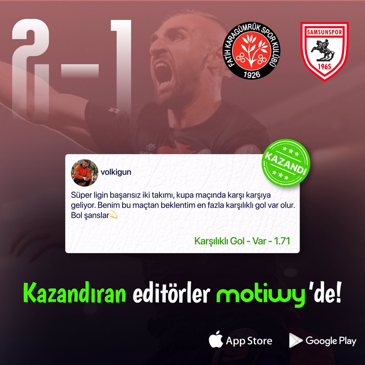 Kazandıran editörler Motiwy'de!
ÜCRETSİZ üye ol, kazandıran maç tahminlerini kaçırma!

Hemen indir⬇️
app.motiwy.com