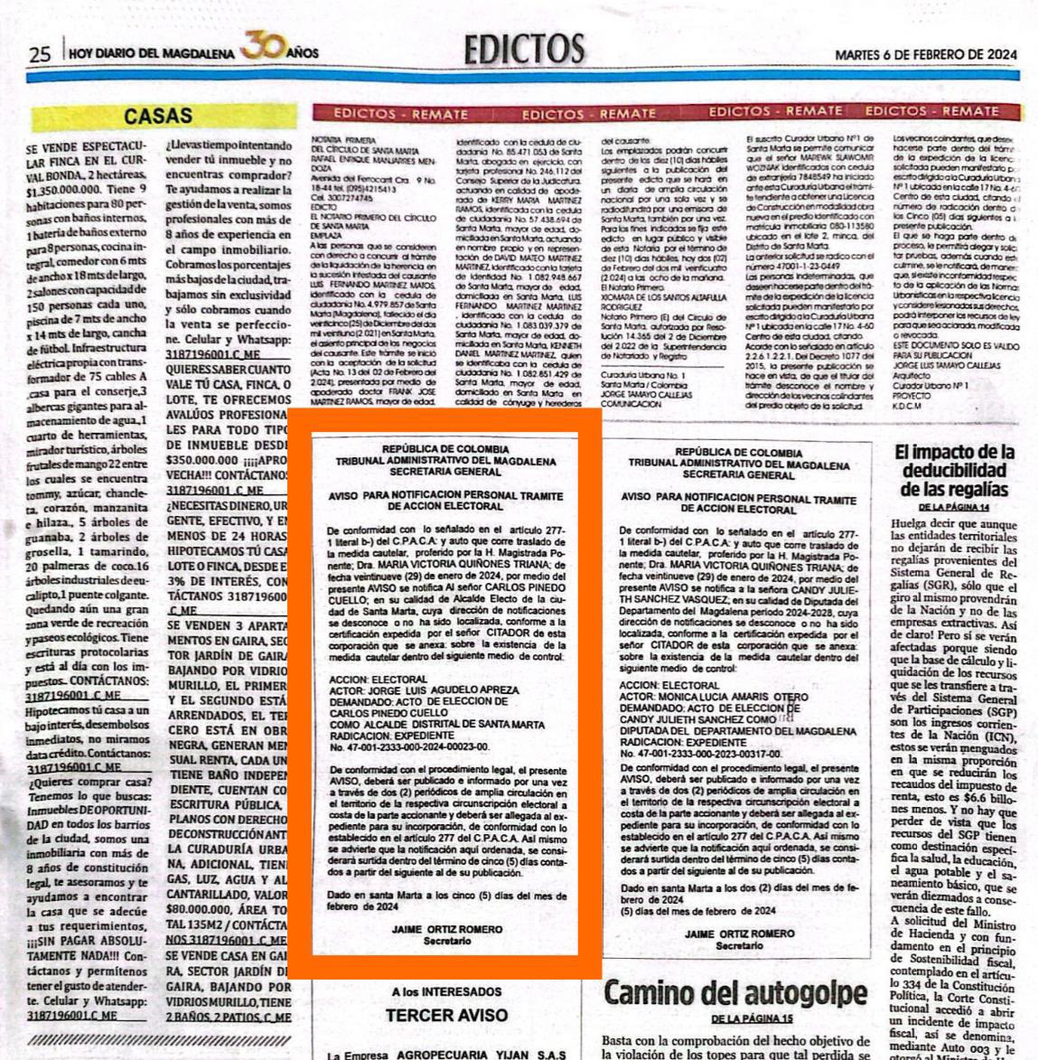 Carlos Pinedo no podrá evadir la Justicia de 85.616 ciudadanos, que reclaman el respeto por la democracia. 

Pese a su estrategias de retrasar el proceso, el Tribunal del Magdalena publicó aviso que lo notifica de la demanda de nulidad electoral a través de los principales