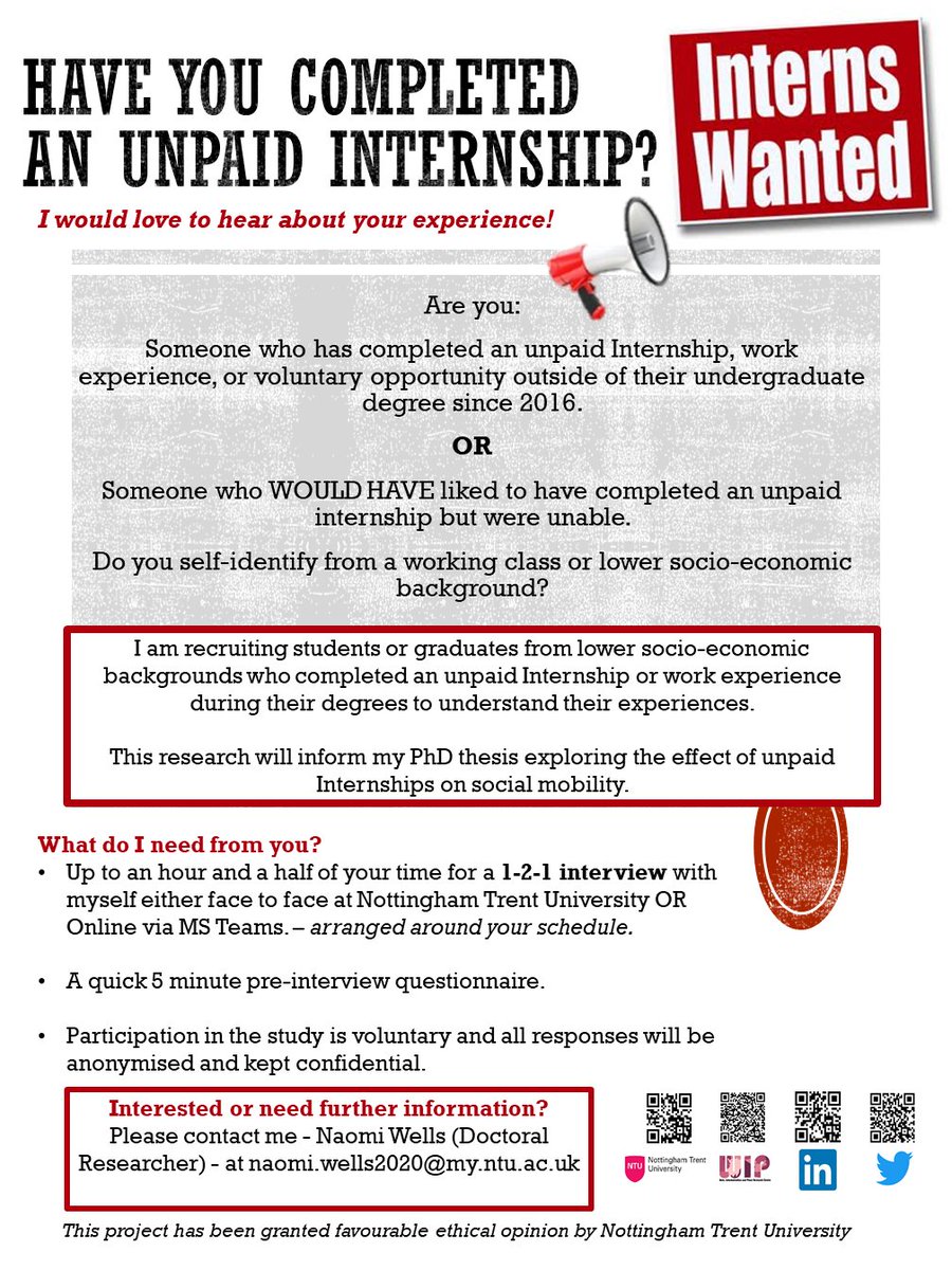 I am currently recruiting students and graduates for my #PhDResearch who may have completed an unpaid #Internship during their degree AND identify as #workingclass. I want to hear about YOUR experience! Please reach out to me at naomi.wells2020@my.ntu.ac.uk for more information.