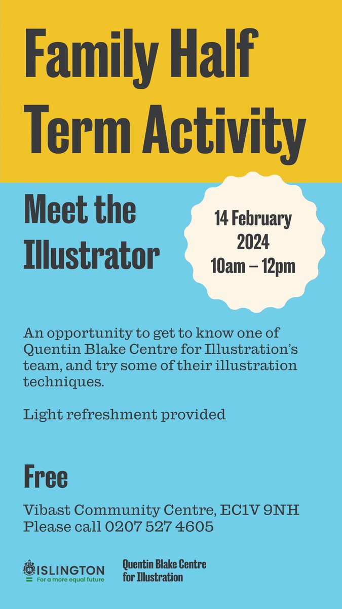 Based in #Islington? Looking for something to do during #HalfTerm? Bring the family to come and meet the illustrator on Wednesday 14 February at Vibast Community Centre. Who's coming?

#FreeFamilyActivity #SchoolHolidays #Islington