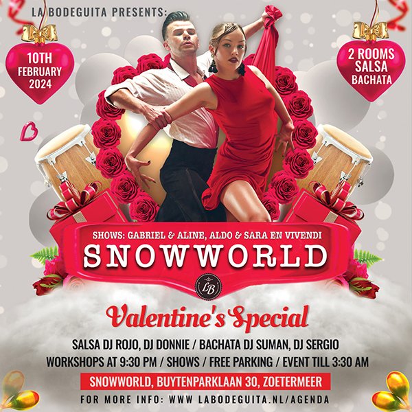 SnowWorld "Valentine's Special" - Kom en feest met ons op de meest romantische avond van het jaar bij La Bodeguita SnowWorld in Zoetermeer! Twee geweldige zalen, vier geweldige DJ's en eindeloze dansplezier! Deel je liefde en passie op de dansvloer!!
labodeguita.nl/agenda/