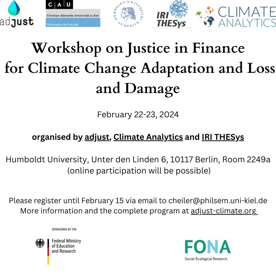 Registration for our workshop on justice in climate #adaptation and #lossanddamage finance is still open! Join us in person in Berlin or online on 22 & 23 February!