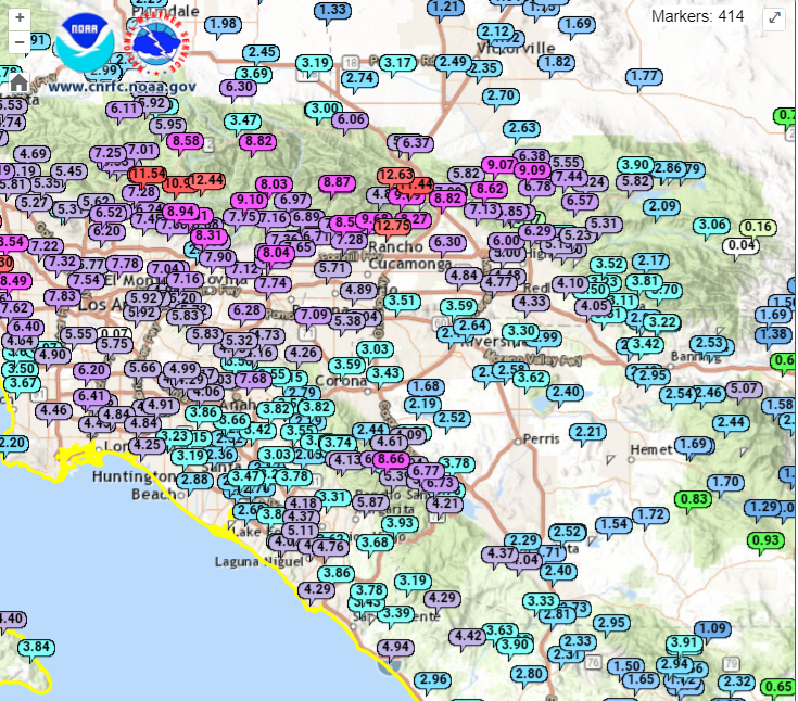 NWSSanDiego's tweet photo. Rainfall totals so far, San Diego metro picked up 1 to 2 inches overnight but Orange County locations are 2 to 5 inches of rain so far, and double that in the San Bernardino Mountain foothills #cawx https://t.co/YDuceorQI3