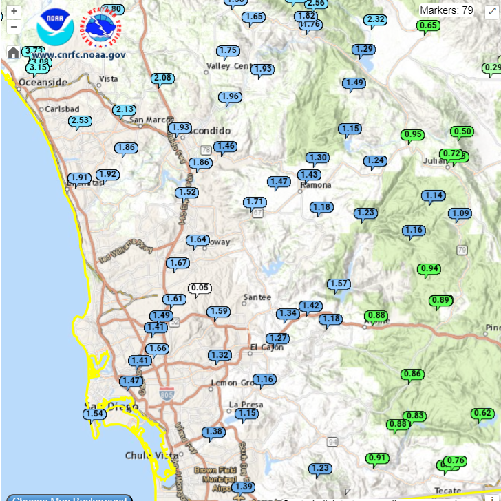 NWSSanDiego's tweet photo. Rainfall totals so far, San Diego metro picked up 1 to 2 inches overnight but Orange County locations are 2 to 5 inches of rain so far, and double that in the San Bernardino Mountain foothills #cawx https://t.co/YDuceorQI3