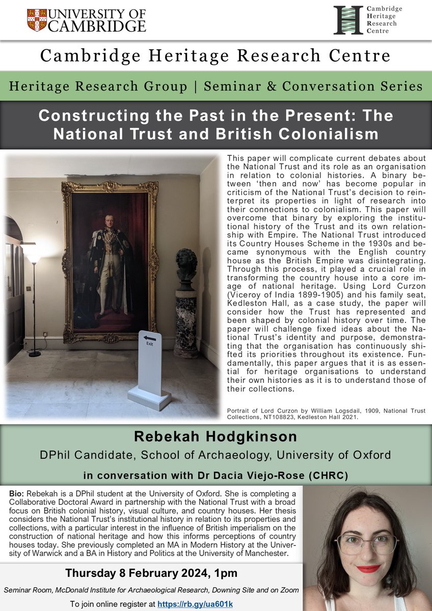 Dr Rebekah Hodgkinson (@beckyhodg97) on Twitter photo Anyone in Cambridge this Thursday: come and hear about the history of the National Trust and its relationship with British colonialism from the 1890s to today!
I will be speaking in person at the <a href="/camb_heritage/">Cambridge Heritage Research Centre</a> research seminar about my PhD research at 1pm Anyone in Cambridge this Thursday: come and hear about the history of the National Trust and its relationship with British colonialism from the 1890s to today!
I will be speaking in person at the <a href="/camb_heritage/">Cambridge Heritage Research Centre</a> research seminar about my PhD research at 1pm