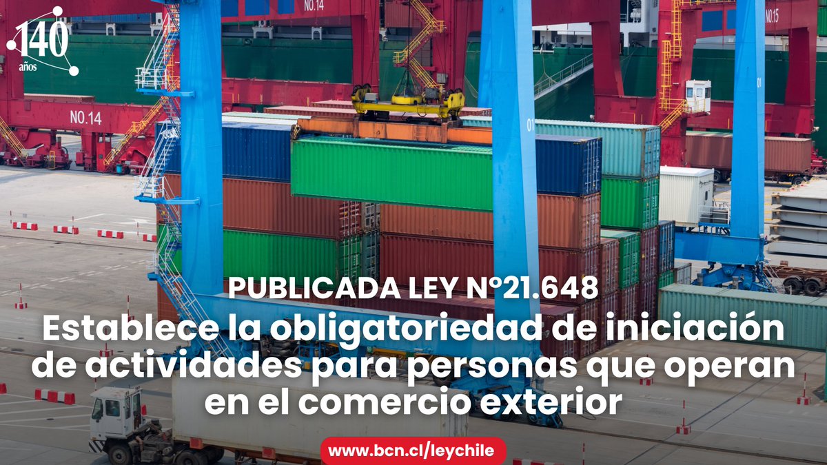 Publicada Ley 21.648. Establece la obligatoriedad de iniciación de actividades para personas que operan en el comercio exterior.
Disponible en Ley Chile: bcn.cl/3huva
Historia de la ley: s.bcn.cl/3hux1