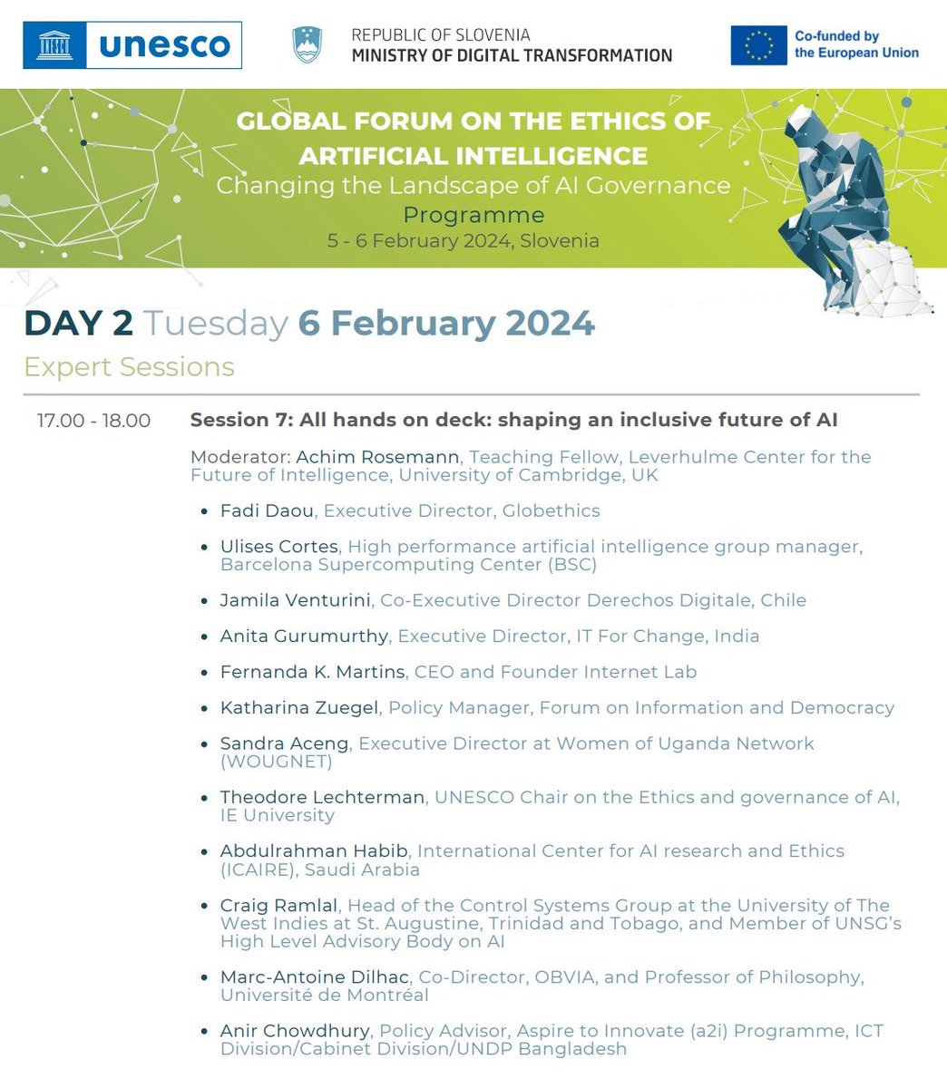 I will be joining with <a href="/ulisescortes/">Ulises Cortés</a> <a href="/venturini_mila/">Jamila Venturini</a> <a href="/fernanda_martss/">Fernanda K. Martins</a> <a href="/KatharinaZuegel/">Katharina Zügel</a> <a href="/sandraaceng/">StarTechGirl🌟 💫 ⭐️</a> <a href="/tlechtable/">Ted Lechterman</a> in 'Session 7: All Hands on Deck: Shaping an Inclusive Future of AI' at <a href="/UNESCO/">UNESCO 🏛️ #Education #Sciences #Culture 🇺🇳</a>'s Global Forum on #AIEthics to discuss the contributions and significance of civil