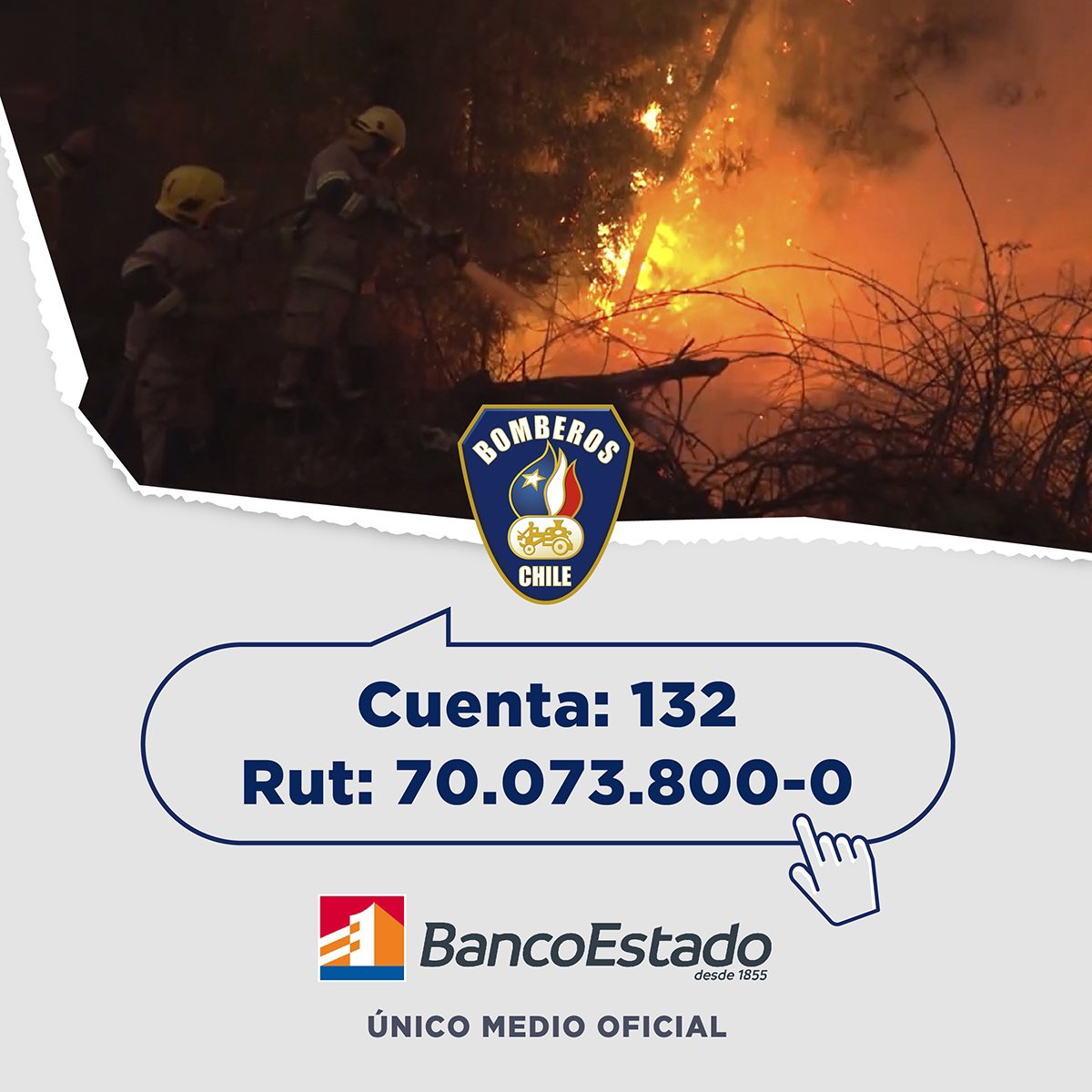 BomberosdeChile's tweet photo. 𝗚𝗥𝗔𝗖𝗜𝗔𝗦 𝗖𝗛𝗜𝗟𝗘 | Agradecemos a todos quienes han podido aportar en nuestra cuenta 132 del Banco Estado.
Les aseguramos que siempre estaremos para ayudarlos cuando la situación lo requiera. https://t.co/zO3bVdSJyT
