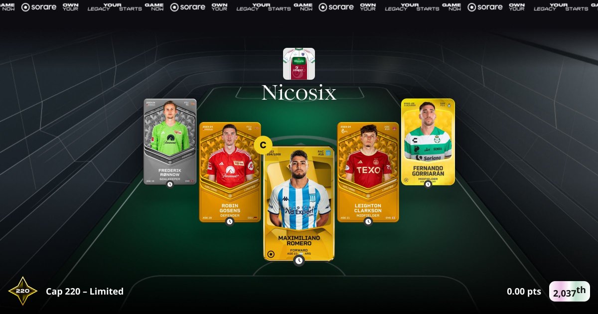 SorareFranceXP's tweet photo. This GW focus on the Cap 220 monthly for the last game of the party!
In limited, I'm currently 99th which is good for a T2
T1 is only 20 points ahead and my 4th score to beat is 251 points
If we make it to 271 with this team, T1 it will be! 
#sorare #customleague @Sorare https://t.co/RuiAiY9BCQ