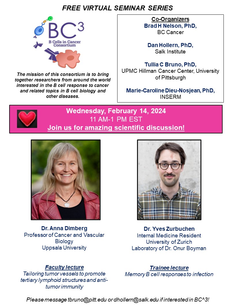 Tullia Bruno, PhD (@bcellbruno) on Twitter photo We have an excellent set of talks for our February BC^3 next Wednesday, February 14th! Looking forward to the discussion--please join us! #Bcells #TLS <a href="/hollern_daniel/">Daniel Hollern</a> We have an excellent set of talks for our February BC^3 next Wednesday, February 14th! Looking forward to the discussion--please join us! #Bcells #TLS <a href="/hollern_daniel/">Daniel Hollern</a>