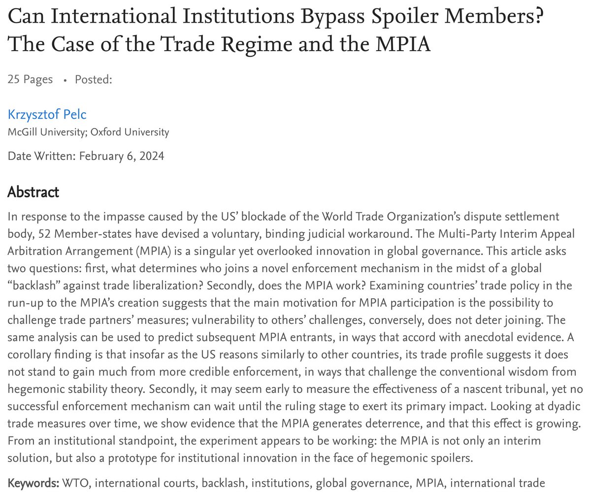 🔍 New paper, fun findings:
The MPIA is a unique attempt to circumvent the US in global governance. Is it working? The evidence suggests it might be: I look at who joins, and whether it deters harmful barriers between members. 🌍