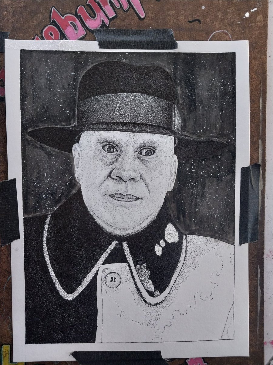 The jacket is almost done. It is okay. I've been kinda sad lately. 

#art #artist #artmoots #drawing #pointillism #fredarmisen #unclefester