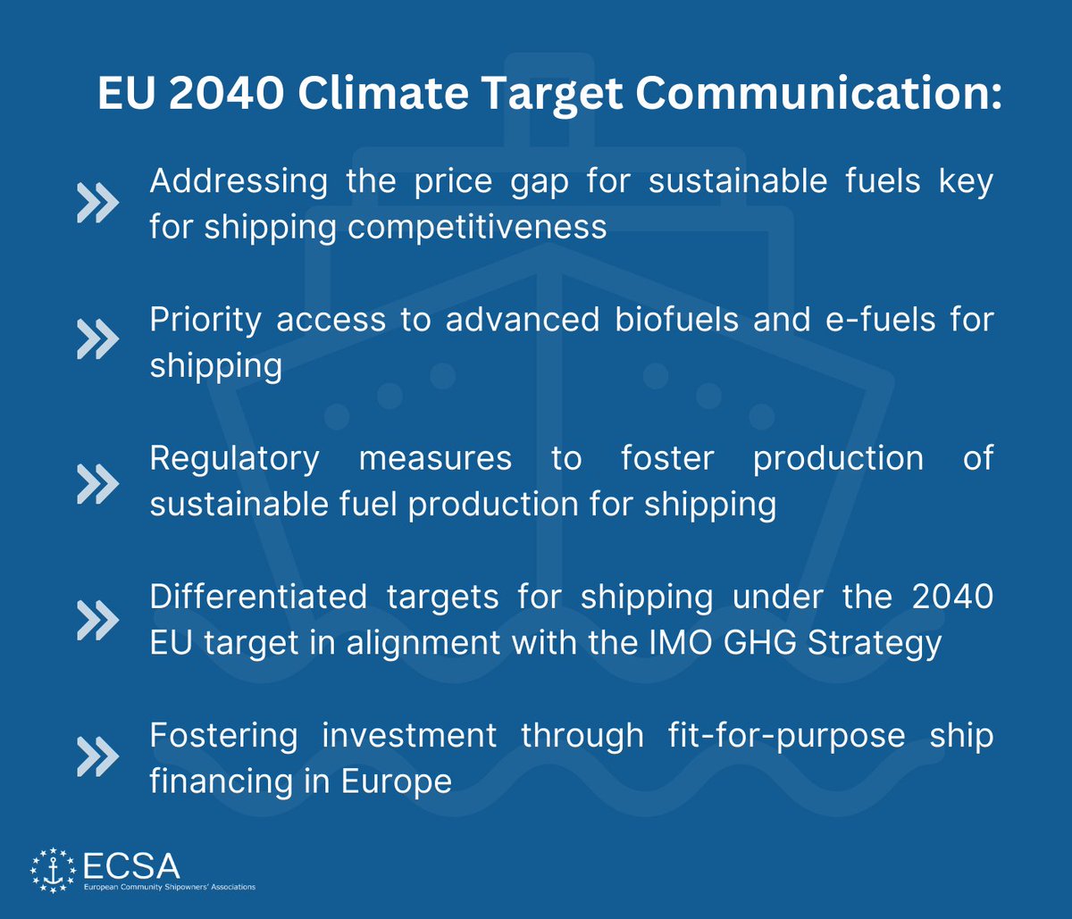 📢EU 2040 Climate Target 🇪🇺

European shipowners welcome commitments to give #shipping priority access to sustainable fuels &amp; to address the price gap 🚢⚓️

Our statement ⤵
ecsa.eu/news/eu-2040-c…

#AllHandsOnDeck #EU2040