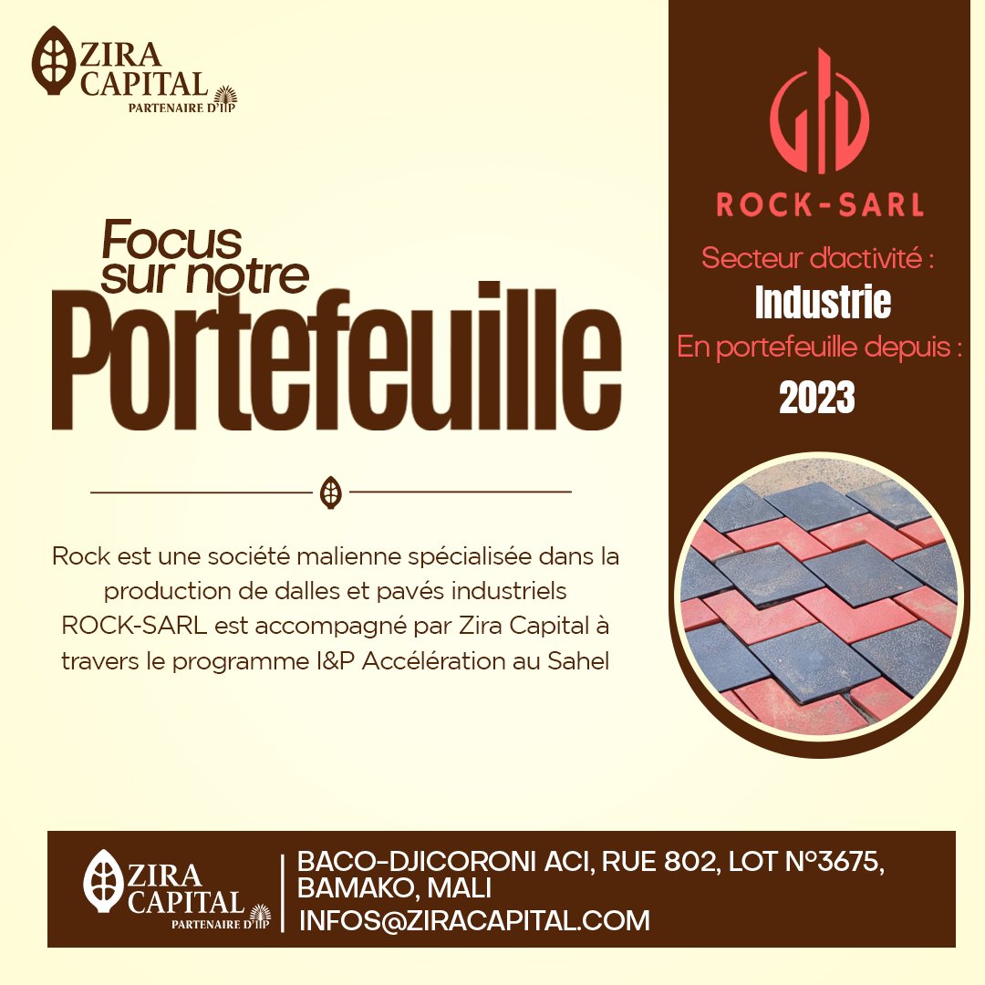 Focus sur notre portefeuille : ROCK,une société malienne spécialisée dans la production de dalles et pavés industriels, opérant dans le secteur de l'industrie.
En portefeuille depuis 2023, ROCK-SARI est accompagné par Zira Capital à travers le programme I&amp;P Accélération au Sahel.