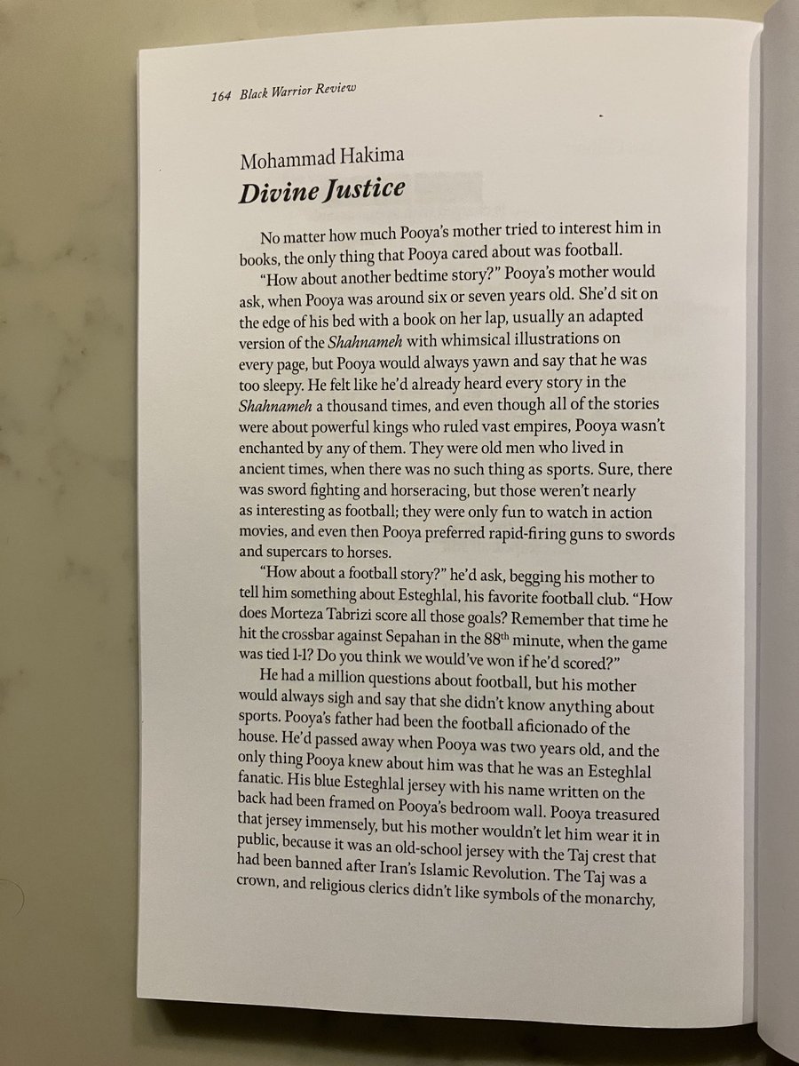 I got a short story in the newest issue of ⁦<a href="/BlackWarriorRev/">Black Warrior Review</a>⁩ 🙌🏻🙌🏻🎉🎉 It’s always special seeing your work in print. The story is about a boy in Iran who witnesses a woman sneak into a soccer stadium. Women were banned from attending stadiums after the 1979 revolution