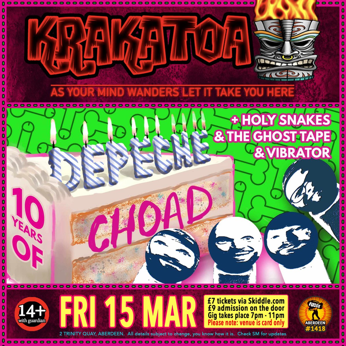 FudgeAberdeen's tweet photo. #DEPECHECHOAD #HOLYSNAKES #THEGHOSTTAPE #VIBRATOR
#volcanictiki #krakatoabar #krakatoascotland #krakatoanotthefrenchone #fudgeaberdeen #neonlounge #bandcamp https://t.co/WhlWiy6t1i