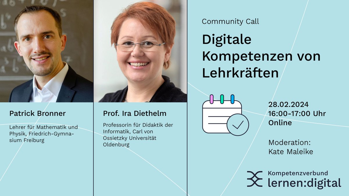 Kompetenzverbund lernen:digital (@lernendigitalde) on Twitter photo Die Digitalisierung erfordert neue Kompetenzen von Lehrkräften. Im Community Call am 28.02. um 16 Uhr diskutieren wir deshalb mit <a href="/P_Bronner/">Patrick Bronner</a> & <a href="/elaine_miller/">@ira@bildung.social</a> über digitale Kompetenzen von Lehrkräften für lernwirksamen Unterricht. ➡️ Zur Anmeldung: lernen.digital/veranstaltunge… Die Digitalisierung erfordert neue Kompetenzen von Lehrkräften. Im Community Call am 28.02. um 16 Uhr diskutieren wir deshalb mit <a href="/P_Bronner/">Patrick Bronner</a> & <a href="/elaine_miller/">@ira@bildung.social</a> über digitale Kompetenzen von Lehrkräften für lernwirksamen Unterricht. ➡️ Zur Anmeldung: lernen.digital/veranstaltunge…