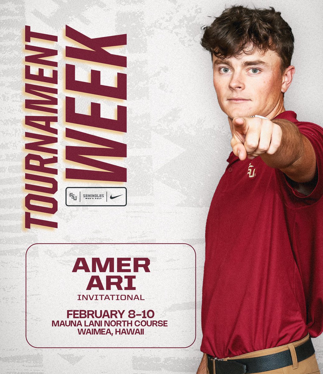 FSUGolf's tweet photo. The first 𝒕𝒆𝒂𝒎 tournament of the spring season takes place at the Amer Ari Invitational on Feb. 8-10 ‼️ 

📍 Mauna Lani North Course | Waimea, Hawaii 

#OneTribe | #GoNoles https://t.co/CwyWUj0jV8