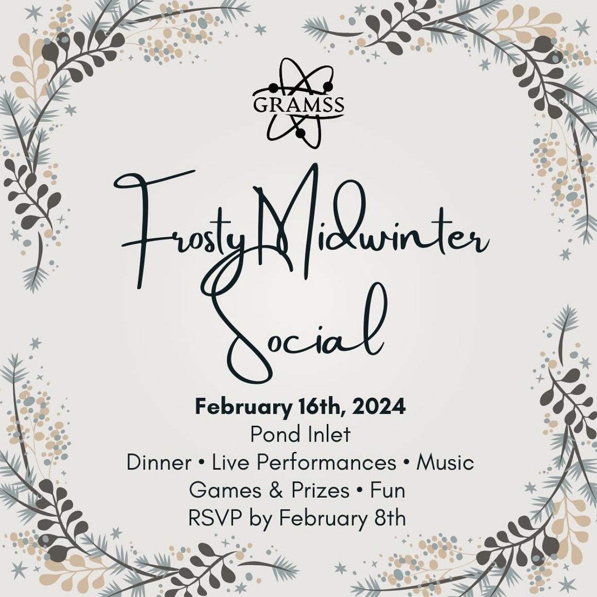 BrockUFMS's tweet photo. .@GRAMSSBrockU invites you to their FMS Frosty Mid-Winter Social event, Friday, Feb. 16, from 5 to 10 p.m. in Pond Inlet. 

Enjoy dinner and an evening of fun. All #BrockU FMS students, staff, faculty and their guests welcome. Register by Thursday, Feb 8: https://t.co/CtPY4PuTII https://t.co/pZTmyaKOPE