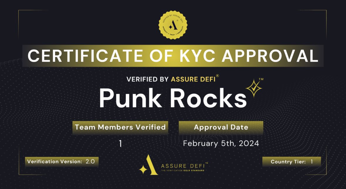 PunkRocksNFTs's tweet photo. Exciting News on the #Bitrock Blockchain for The Punk Rocks and $PRP π€
We are proud to announce that our KYC was APPROVED by The Verification Gold Standard @AssureDefi β¨β
Our a step towards investor security & transparency!
View our KYC Certificate
https://t.co/UwsC6fvMrp https://t.co/GeuFbakHkt
