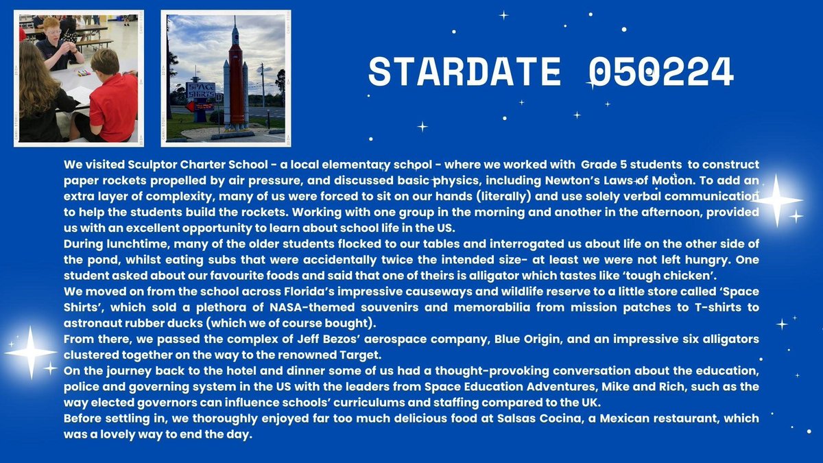 Thanks to Tyler and Oliver from <a href="/MagnaAcademy/">Magna Academy Poole</a>  for sharing the latest news from the NASA trip! 🛰️ Be careful around those alligators! 🐊🐊