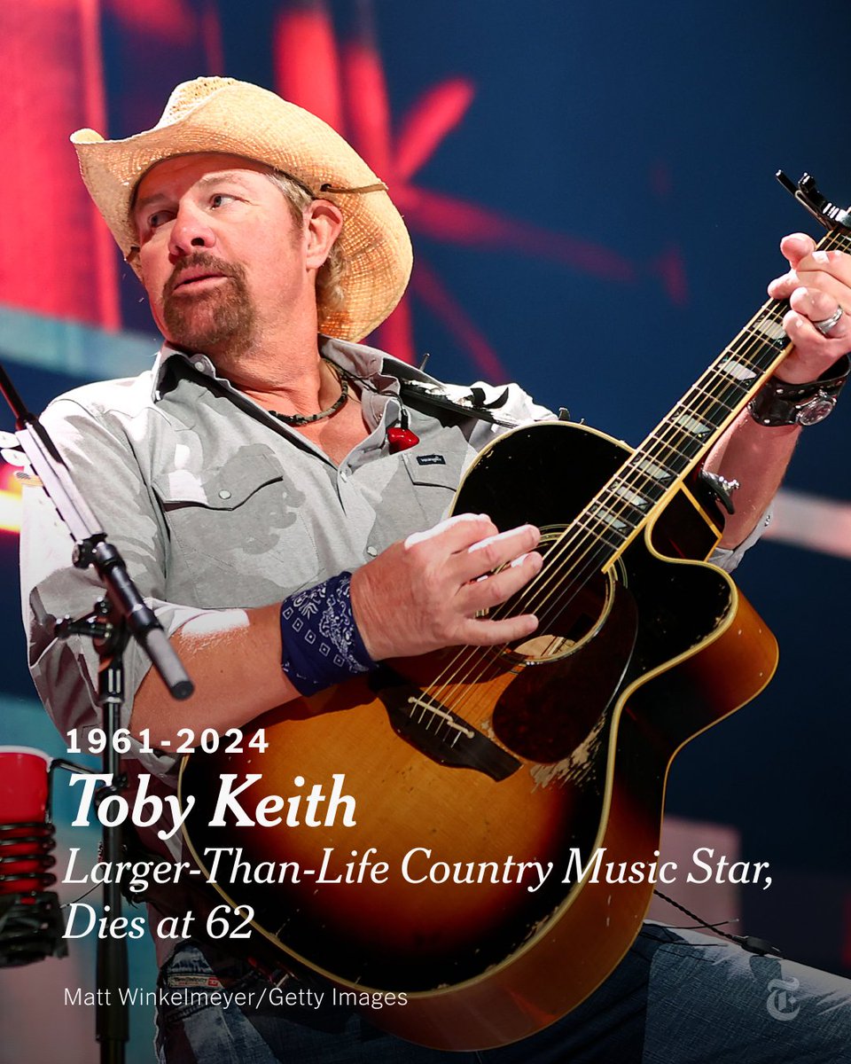 nytimes's tweet photo. Toby Keith, the singer-songwriter of country hits like “Should Have Been a Cowboy” and “Courtesy of the Red, White and Blue” and one of the biggest stars to come out of Nashville in three decades, died on Monday. He was 62. https://t.co/qWsv07sfHs https://t.co/7RB9qXMnpk