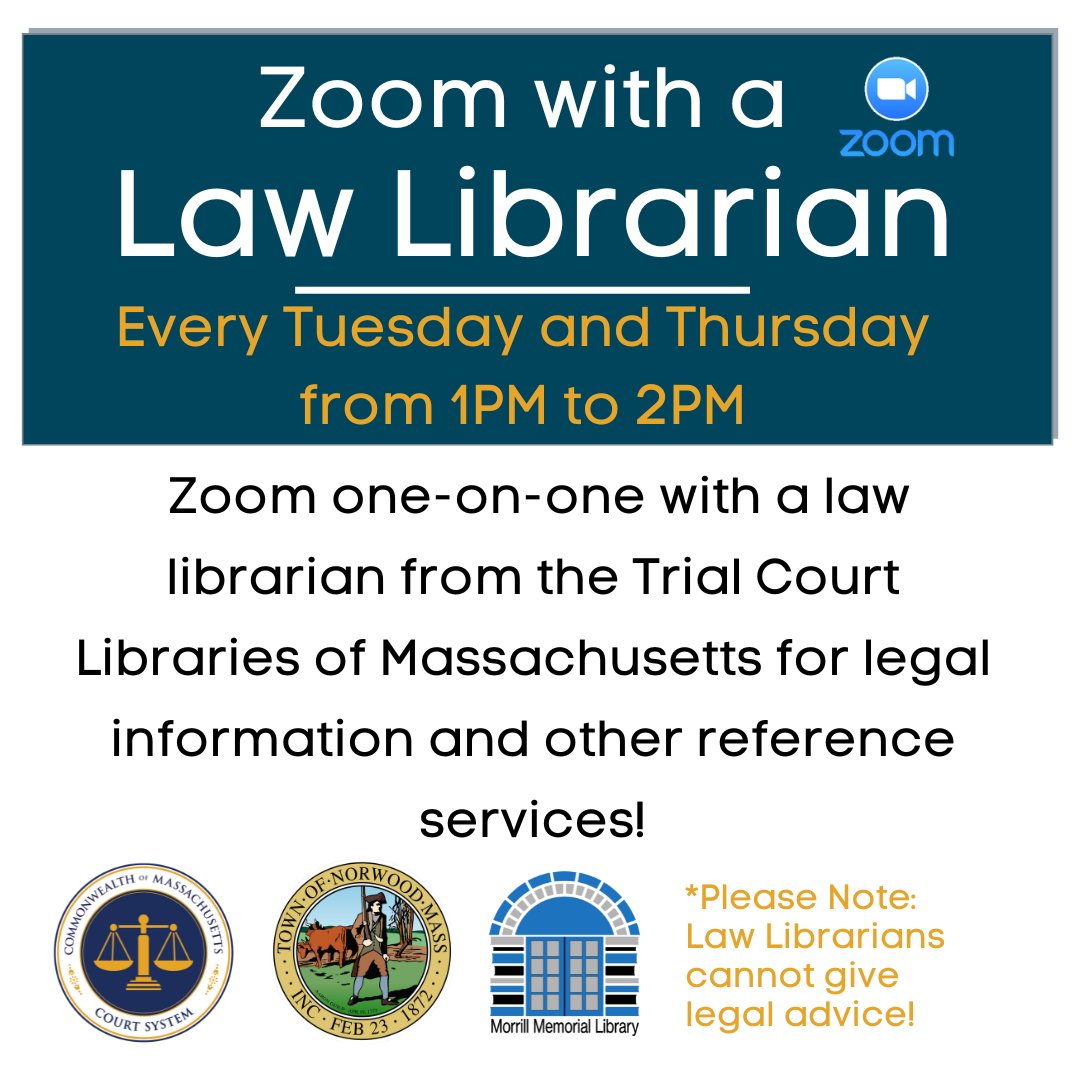 Need legal information? Zoom with a Law Librarian! To access this free service, please go to: norwoodlibrary.assabetinteractive.com/calendar/zoom-…