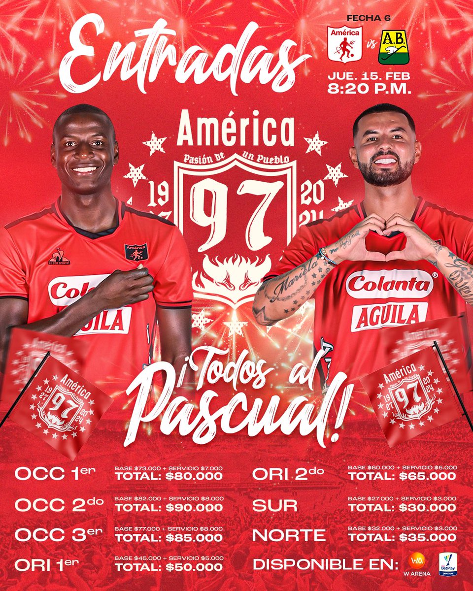 AmericadeCali's tweet photo. 🥳 ¡Disfrutemos juntos de nuestros 9️⃣7️⃣ años de historia! 🎈 Este 15 de febrero celebraremos un nuevo aniversario y queremos ver nuestra casa llena para vivir un carnaval inolvidable. 🏟️

🎟️ No te quedes sin tu entrada: https://t.co/AF2mQz0FKG y SuperGiros. https://t.co/CvkruOaOB2