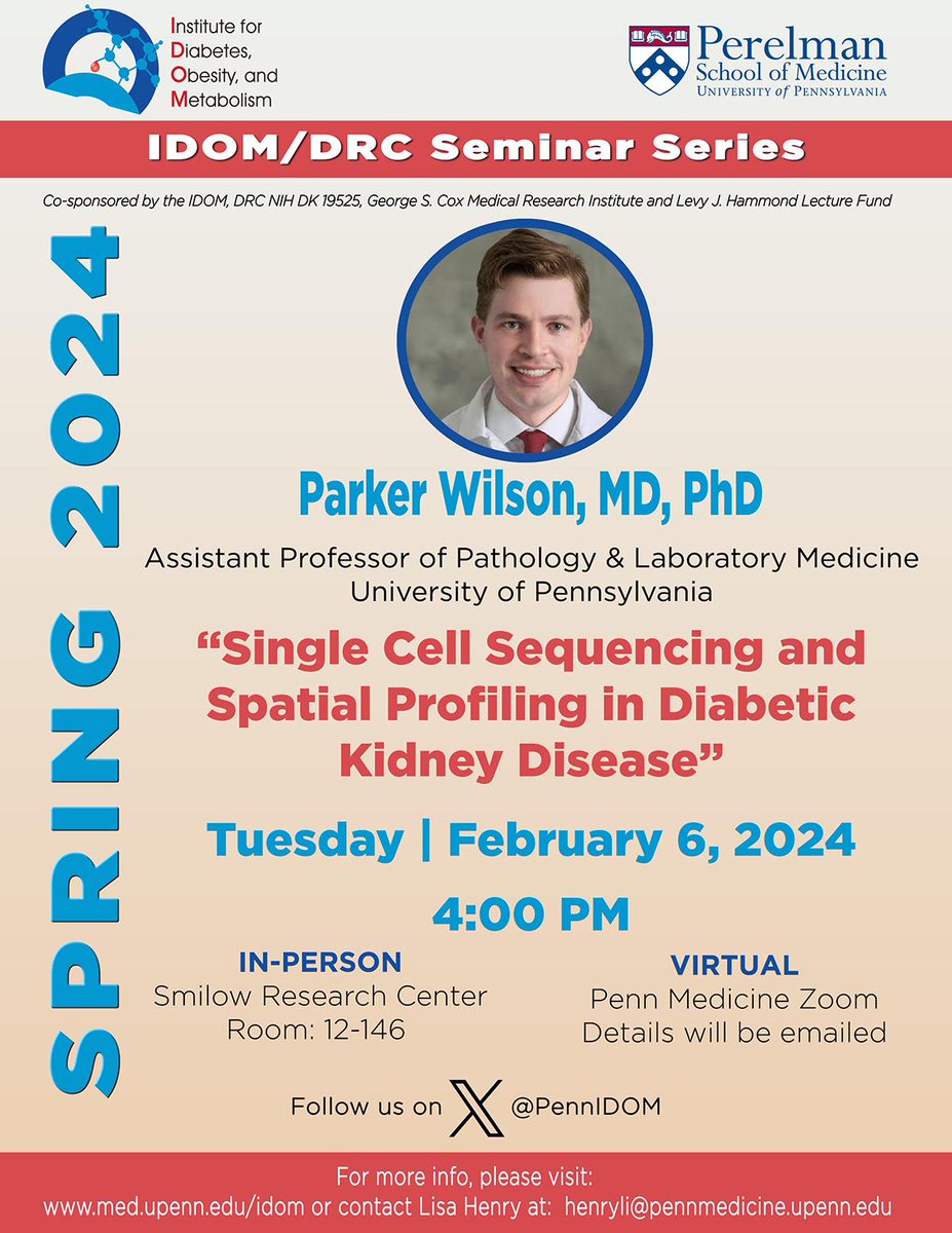 IDOM/DRC Seminar: 2/6/24 @ 4pm - Parker Wilson, MD, PhD @parkercwilson - 'Single Cell Sequencing and Spatial Profiling in Diabetic Kidney Disease'.  Please see email or DM for login details.
#IDOMSeminar